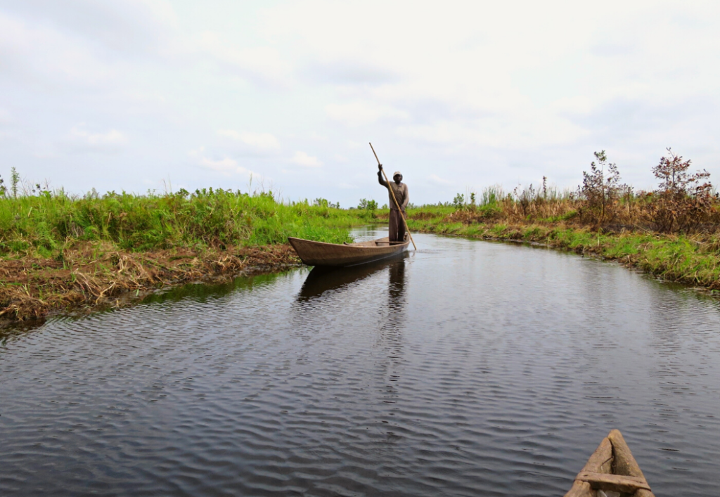 Person standing and paddling a boat